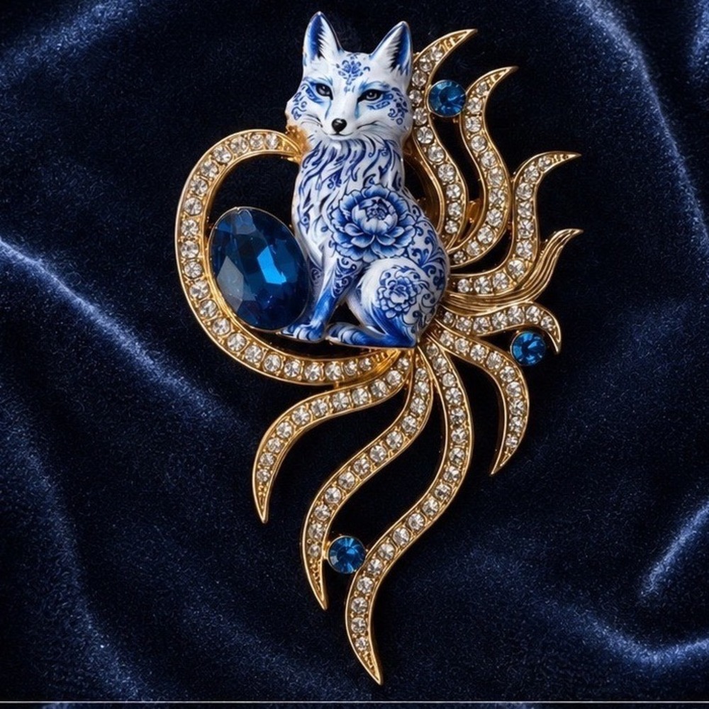 Blue & White Fox Brooch Gold Tone Rhinestone Porcelain Style Statement Pin